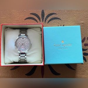 Kate Spade Gramercy silver-tone watch with hot pink hands. New battery.